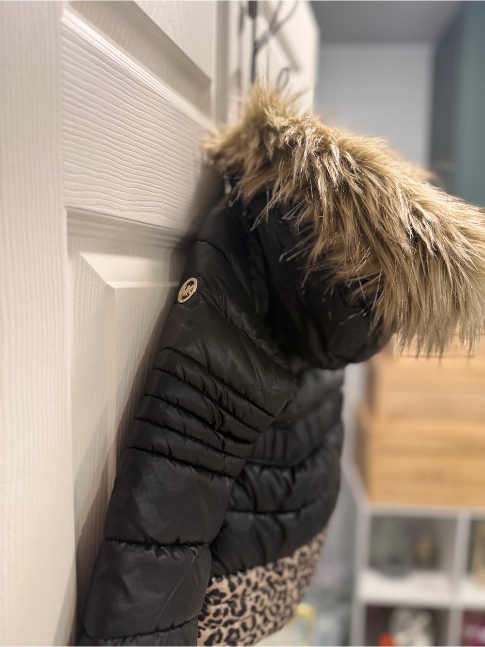 Michael Kors Girls 3T Puffer Coat Faux Fur Hood Black Leopard Print Jacket - Picture 12 of 14